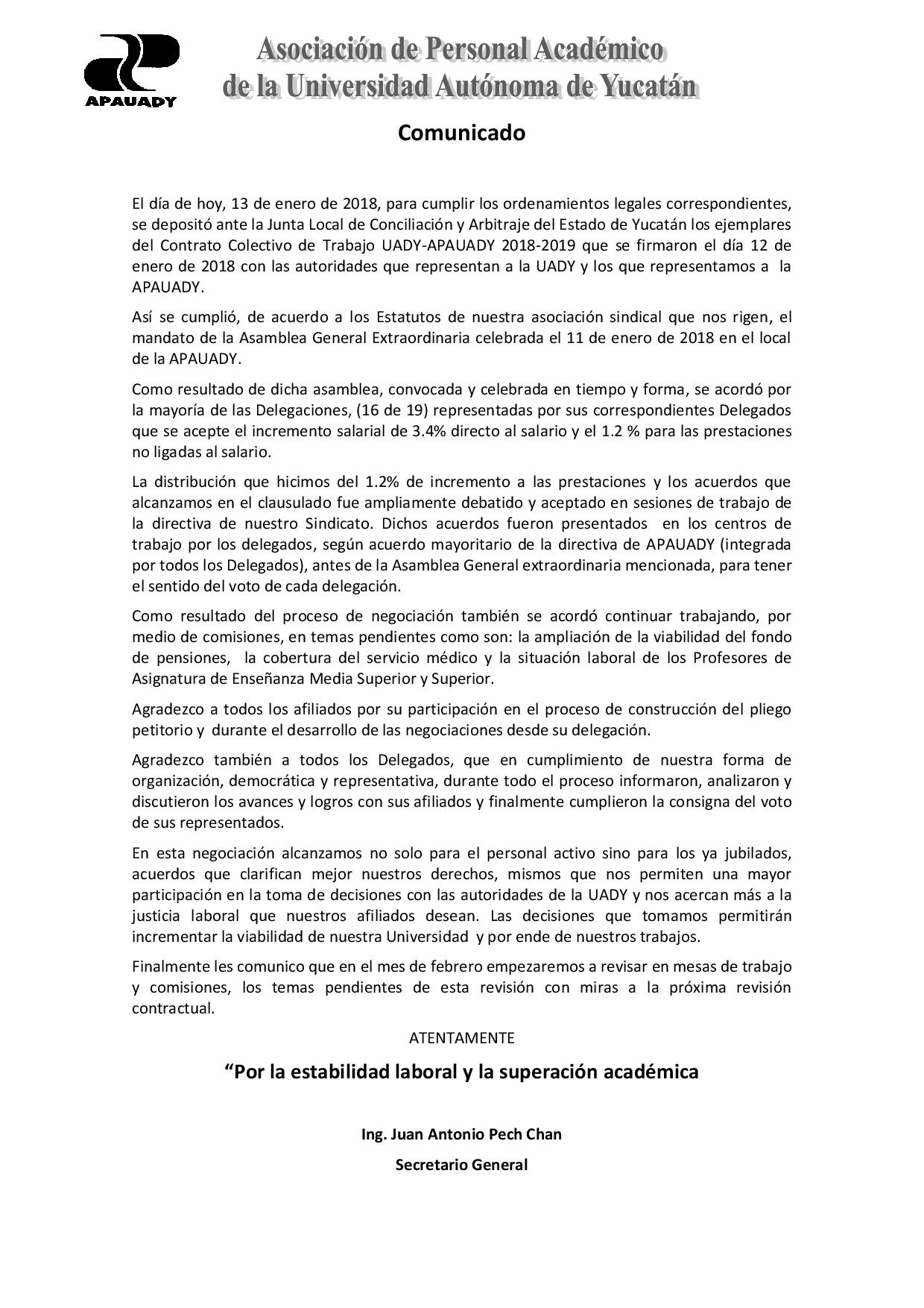 Featured image for “Comunicado sobre la firma del Contrato Colectivo de Trabajo UADY-APAUADY 2018-2019”
