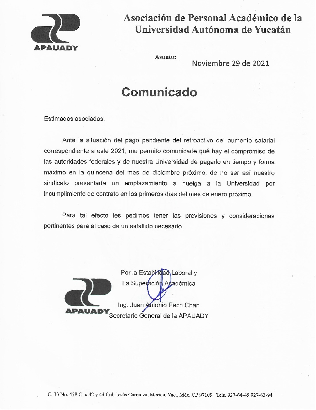 Featured image for “Comunicado | Retroactivo del aumento salarial  correspondiente a este  2021”
