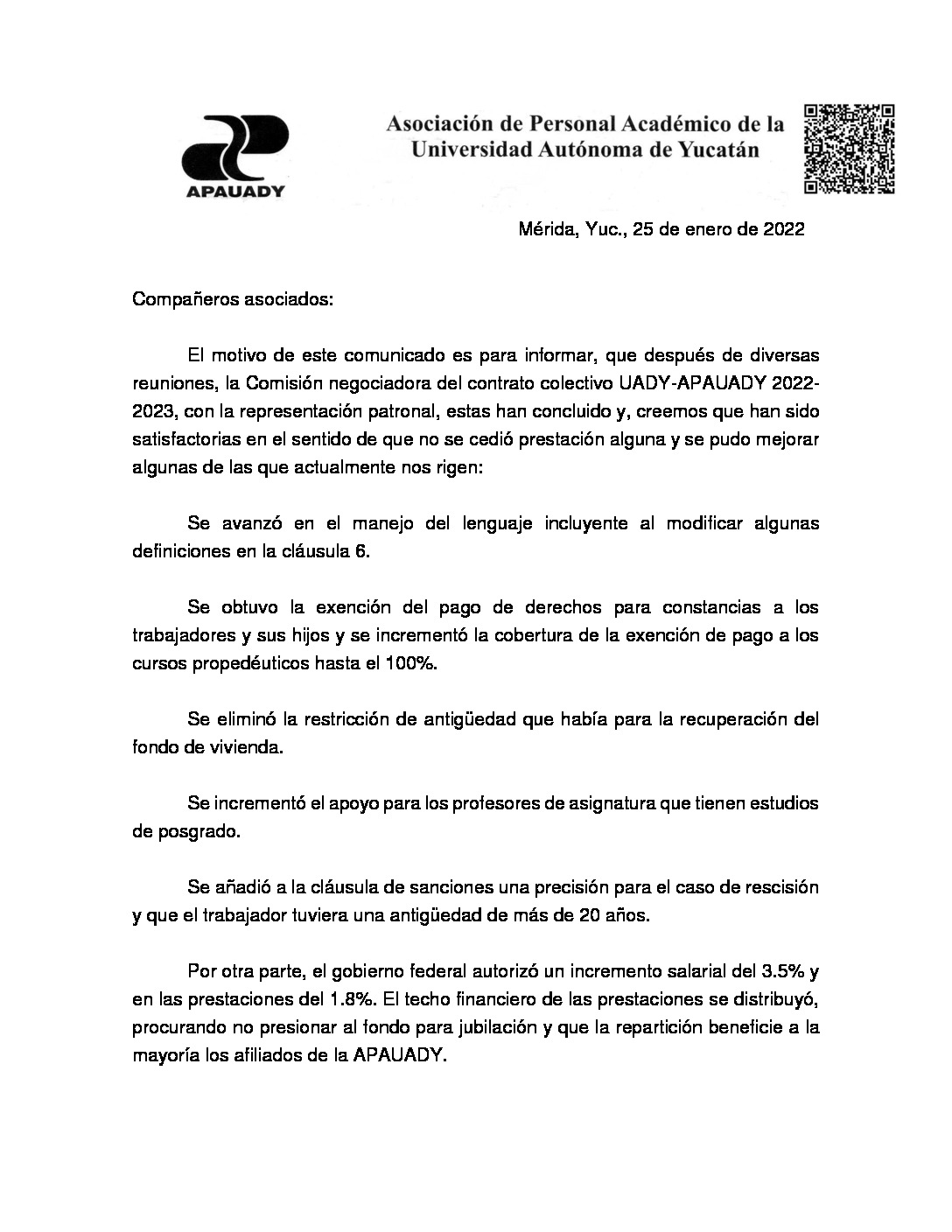Featured image for “Comunicado | Comisión negociadora del contrato colectivo UADY-APAUADY 2022-2023”