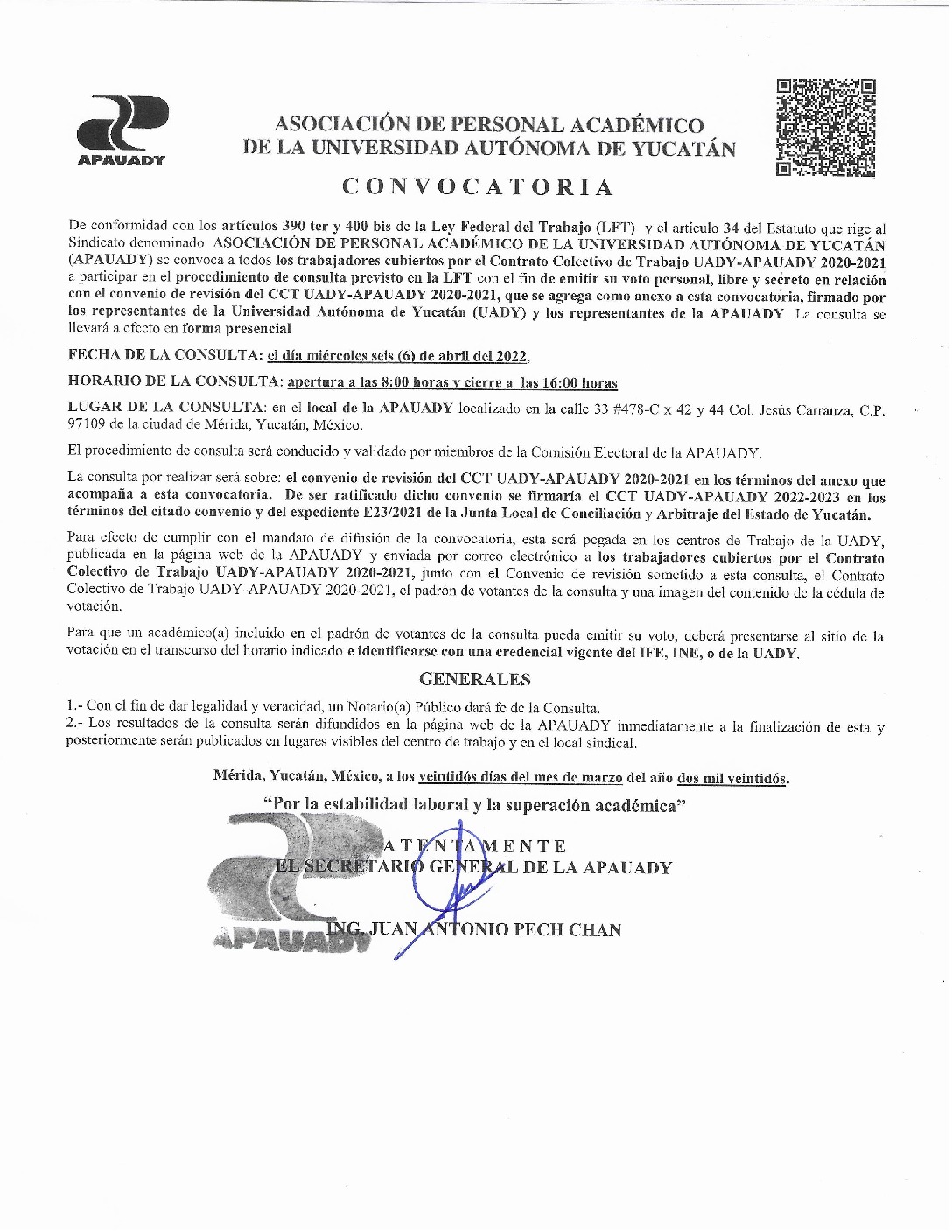 Featured image for “Convocatoria  | Procedimiento de Consulta LFT | Convenio de revisión CCT UADY-APAUADY 2022 | 6 abril 2022”
