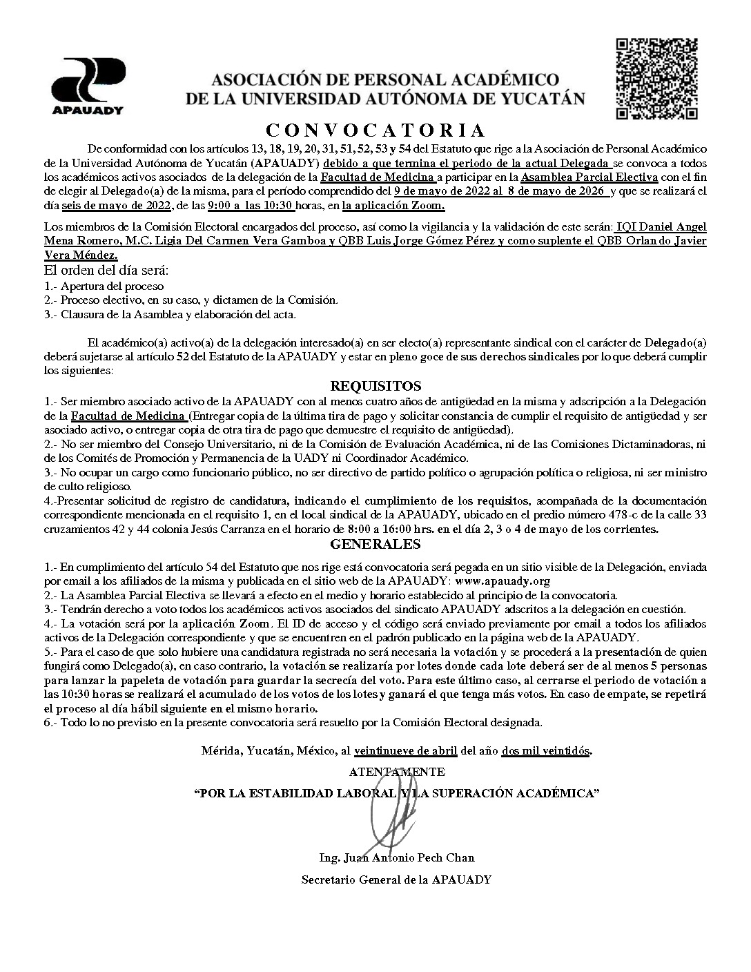 Featured image for “Convocatoria Asamblea Parcial Electiva | Facultad de Médicina | 6 mayo 2022 | 9:00-10:30”