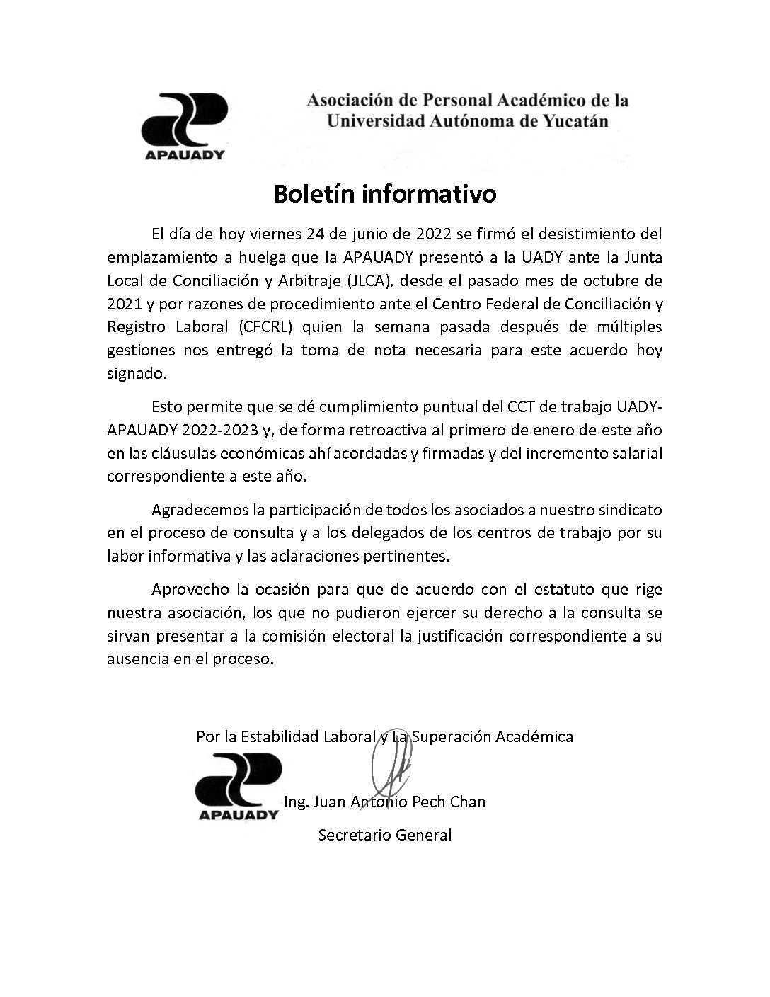 Featured image for “Boletín informativo: Desistimiento del emplazamiento a huelga”