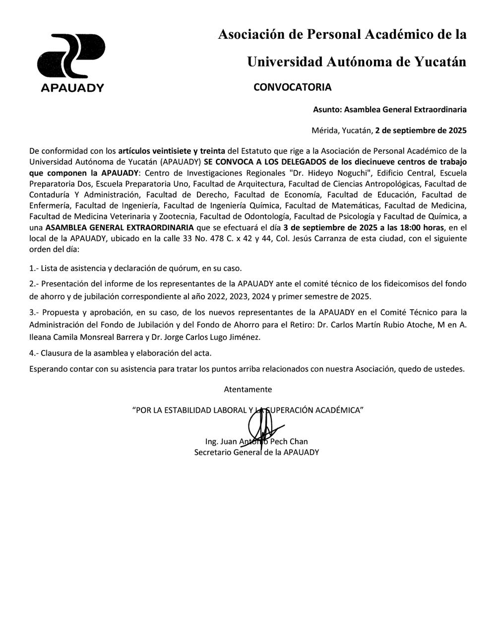 Featured image for “Asamblea General Extraordinaria | 3 septiembre 2025 | 18:00 hrs | Local APAUADY”