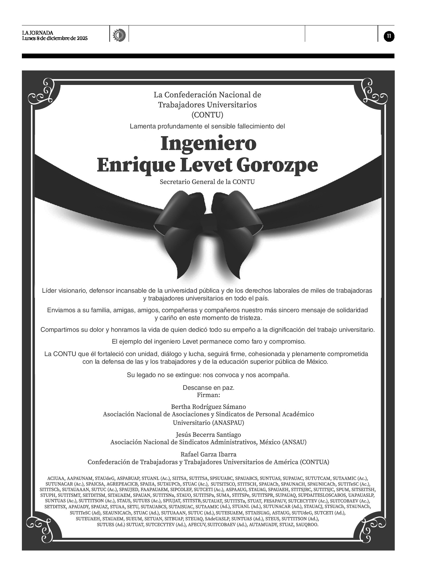 Featured image for “APAUADY lamenta profundamente el sensible fallecimiento del ingeniero Enrique Levet Gorozpe”