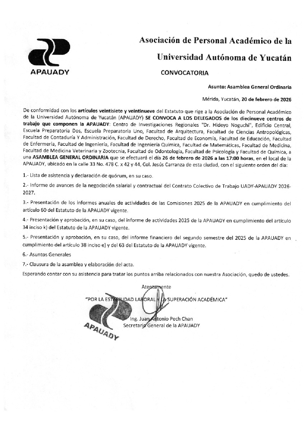 Featured image for “Convocatoria Asamblea General Ordinaria | 26 febrero 2026 | 17:00 hrs. | Local APAUADY”