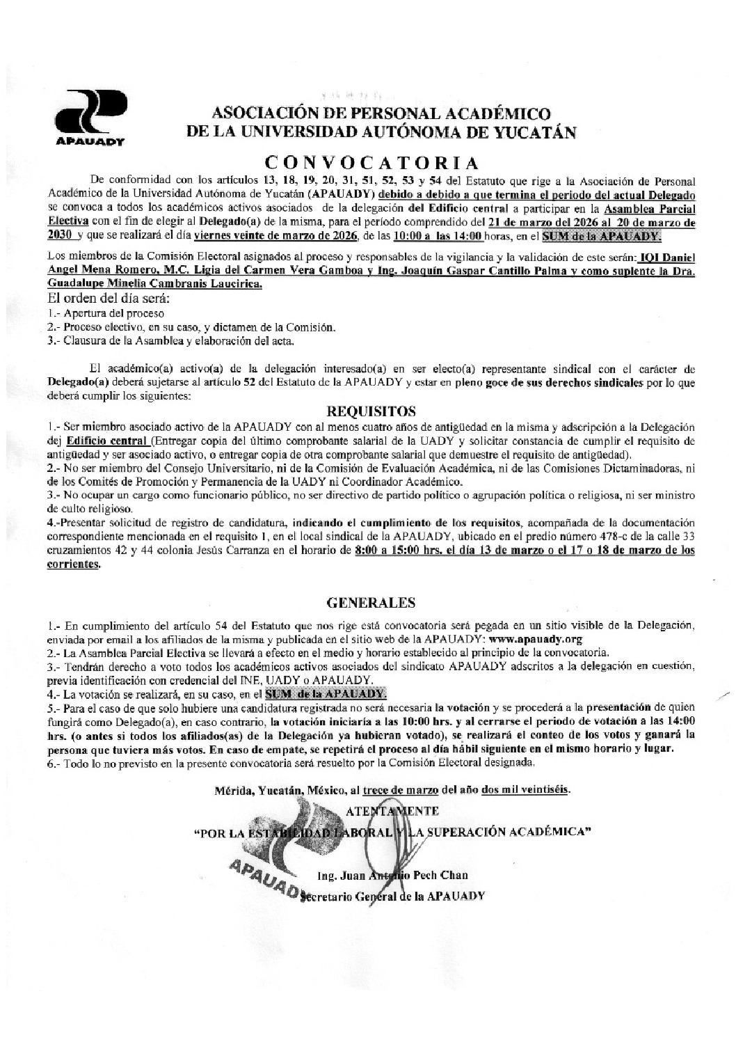 Featured image for “CONVOCATORIA | Asamblea Parcial Electiva | Edificio central| 20 marzo 2026 | 10 a.m. | Lugar SUM APAUADY”