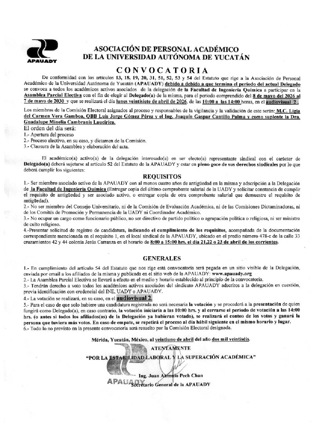 Featured image for “Convocatoria | Asamblea Parcial Electiva | 27 abril 2026 | Audiovisual 2 | 10:00 am”