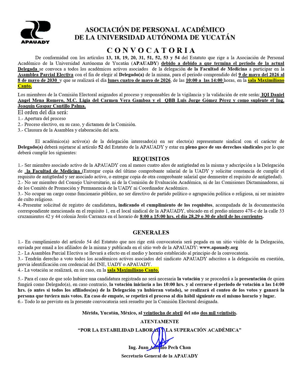 Featured image for “Convocatoria | Asamblea Parcial Electiva | 4 mayo 2026 | Sala Maximiliano Canto | 10:00 am”