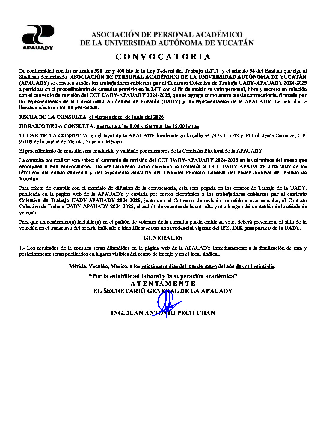 Featured image for “Convocatoria a Votación: Ratificación del Contrato Colectivo de Trabajo UADY-APAUADY | Viernes 12 de junio, 8:00 a 15:00 hrs.”
