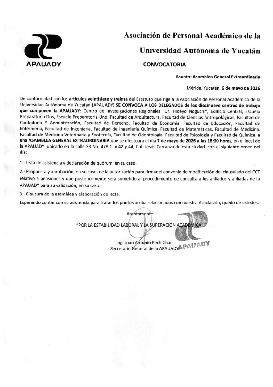 Featured image for “Asamblea General Extraordinaria | 07 mayo 2026 | 18:00 hrs | Local APAUADY”