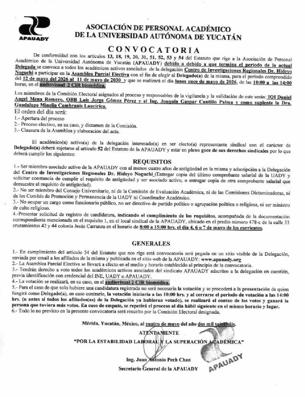 Featured image for “Convocatoria | Asamblea Parcial Electiva | 11 mayo 2026 | Audiovisual 2 CIR biomédica | 10:00 am”