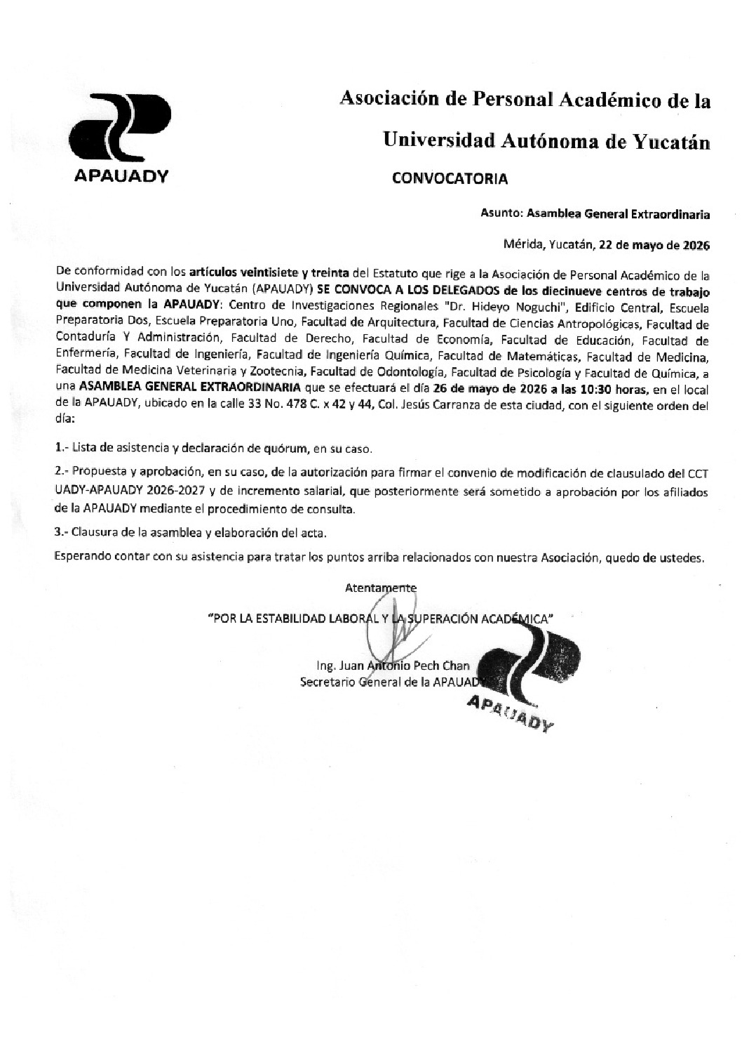 Featured image for “Asamblea General Extraordinaria | 26 mayo 2026 | 10:30 hrs | Local APAUADY”