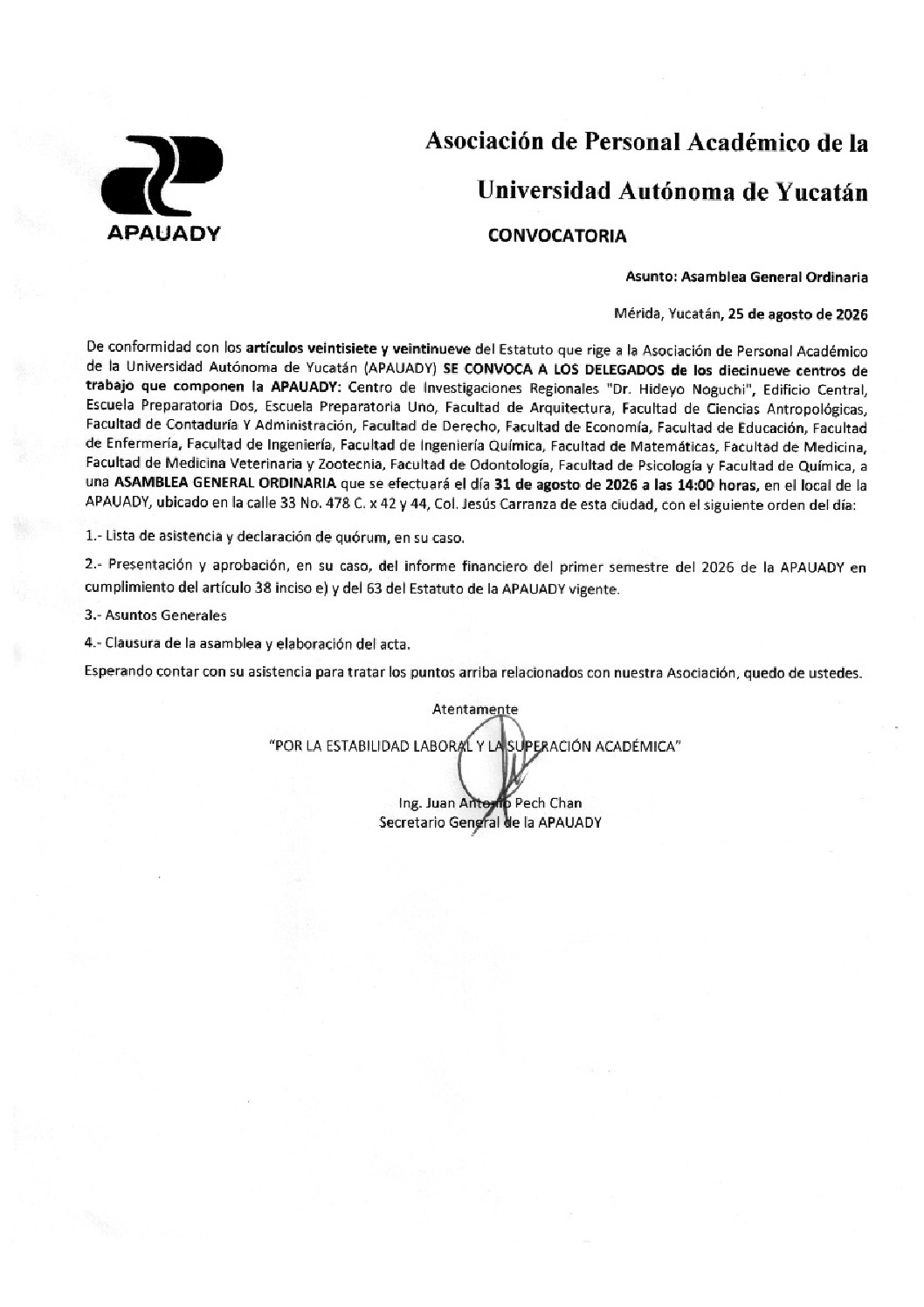 Featured image for “Asamblea General Ordinaria | 31 agosto 2026 | 14:00 hrs | Local APAUADY”