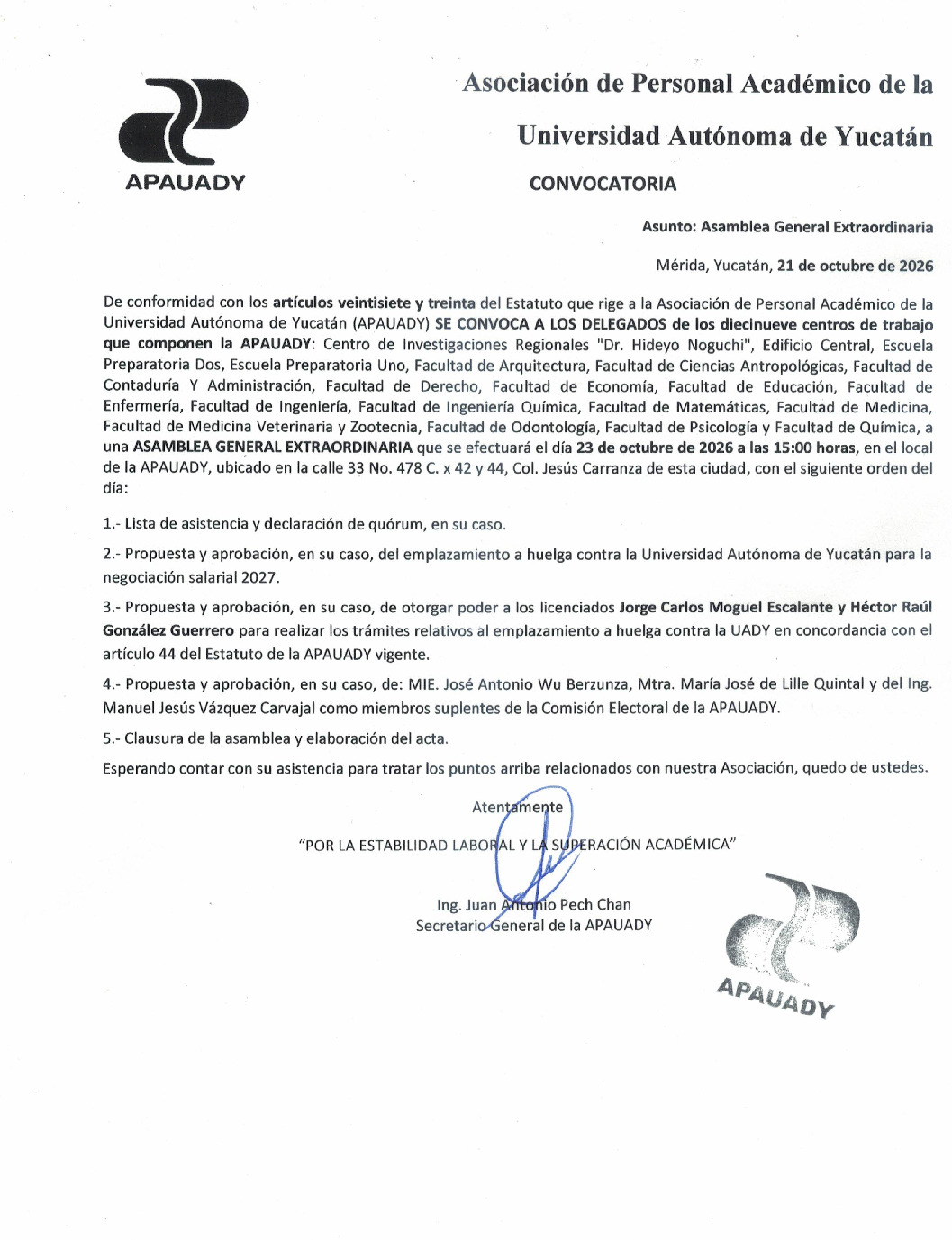 Featured image for “Asamblea General Extraordinaria | 23 octubre 2026 | 15:00 hrs | Local APAUADY”